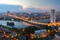 Aerial skyline view of Hanoi at Linh Dam lake, Belt Road No. 3. Hanoi cityscape by sunset period