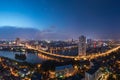 Aerial skyline view of Hanoi at Linh Dam lake, Belt Road No. 3. Hanoi cityscape by sunset period