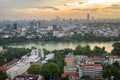 Aerial skyline view of Hoan Kiem lake or Ho Guom, Sword lake area at twilight. Hoan Kiem is center of Hanoi city. Hanoi cityscape. Royalty Free Stock Photo