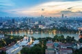 Aerial skyline view of Hoan Kiem lake or Ho Guom, Sword lake area at twilight. Hoan Kiem is center of Hanoi city. Hanoi cityscape. Royalty Free Stock Photo