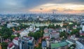 Aerial skyline view of Hoan Kiem lake or Ho Guom, Sword lake area at twilight. Hoan Kiem is center of Hanoi city. Hanoi cityscape. Royalty Free Stock Photo