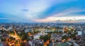 Aerial skyline view of Hoan Kiem lake or Ho Guom, Sword lake area at twilight. Hoan Kiem is center of Hanoi city. Hanoi cityscape. Royalty Free Stock Photo