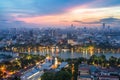 Aerial skyline view of Hoan Kiem lake or Ho Guom, Sword lake area at twilight. Hoan Kiem is center of Hanoi city. Hanoi cityscape. Royalty Free Stock Photo