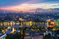 Aerial skyline view of Hoan Kiem lake or Ho Guom, Sword lake area at twilight. Hoan Kiem is center of Hanoi city. Hanoi cityscape. Royalty Free Stock Photo