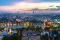 Aerial skyline view of Hoan Kiem lake or Ho Guom, Sword lake area at twilight. Hoan Kiem is center of Hanoi city. Hanoi cityscape. Royalty Free Stock Photo