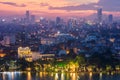 Aerial skyline view of Hoan Kiem lake or Ho Guom, Sword lake area at twilight. Hoan Kiem is center of Hanoi city. Hanoi cityscape. Royalty Free Stock Photo