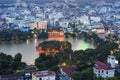 Aerial skyline view of Hoan Kiem lake or Ho Guom, Sword lake area at twilight. Hoan Kiem is center of Hanoi city. Hanoi cityscape. Royalty Free Stock Photo