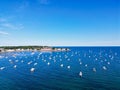 Aerial of small boats on the Lynn beach by the coastal Swampscott town in Massachusetts