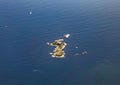 Aerial of small island Fred bliss rocks in the inner outer Guts Royalty Free Stock Photo