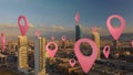 Aerial smart city. Localization icons in a connected futuristic city. Technology concept, data communication, artificial Royalty Free Stock Photo