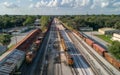 An aerial snapshot of a trainyard, highlighting rail transport and the distribution of goods in a logistic framework. Royalty Free Stock Photo
