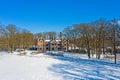 Aerial from snowy castle De Schaffelaar in Barneveld in winter in the Netherlands