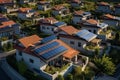 Aerial solar panorama Houses equipped with rooftop solar panel systems Royalty Free Stock Photo