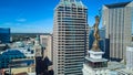 Aerial of Soldiers and Sailors Monument statue at top with downtown courthouse of Indianapolis in background Royalty Free Stock Photo