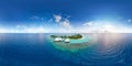 Aerial spherical panorama of tropical paradise beach  on tiny Maldives island Royalty Free Stock Photo