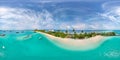 Aerial spherical panorama of tropical paradise beach on tiny Maldives island