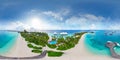 Aerial spherical panorama of tropical paradise beach on tiny Maldives island