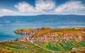 Aerial spring cityscape of Lin town. Stunning morning scene of Ohrid lake. Royalty Free Stock Photo