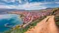 Aerial spring cityscape of Pogradec town.