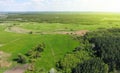 Aerial. Spring field with green grass between the forest. View above from drone