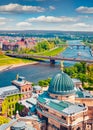 Aerial spring view from Church of Our Lady Frauenkirche of the Elbe river and Dresden town.