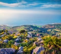 Aerial spring view of Pizzolungo village. Magnificent morning scene of Sicily, Italy, Europe. Bright seascape of Mediterranean sea Royalty Free Stock Photo