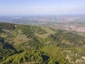 Aerial spring view of Rhodopes Mountain near town of Kuklen, Bulgaria Royalty Free Stock Photo