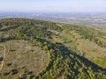 Aerial spring view of Rhodopes Mountain near town of Kuklen, Bulgaria Royalty Free Stock Photo