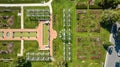 Aerial straight down shot over trellises with pools in garden at Lakeside Park