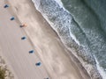 Aerial straight down view of beautiful beach with umbrellas in a line