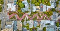 Aerial straight down view Lombard Street with cars driving down red brick road Royalty Free Stock Photo