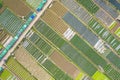 Aerial of the strawberry farm in the town of La Trinidad, Benguet, Philippines. A road with market stalls divide the farmland Royalty Free Stock Photo