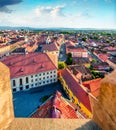 Aerial summer view of Altemberger House - Sibiu History Museum. Picturesque cityscape of Sibiu town. Impressive morning scene of T