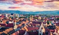 Aerial summer view of Cathedral of the Holy Trinity. Colorful morning cityscape of Sibiu town. Impressive sunrise in Transylvania,