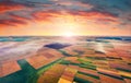 Aerial summer view from flying drone of fields of wheat. Incredible morning scene of Ukrainian countryside, Royalty Free Stock Photo