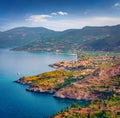 Aerial summer view of Kardamili port. Exciting morning scene of Peloponnese peninsula, Greece, Europe.