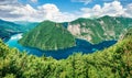 Aerial summer view of Pivsko lake. Gorgeous morning scene of canyon of Piva river, Pluzine town location, Montenegro, Europe.