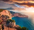 Aerial summer view of Shipwreck Beach. Awesome sunset on Zakinthos island, Greece, Europe. Amazing seascape of Ionian Sea. Beauty Royalty Free Stock Photo