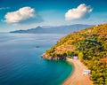 Aerial summer view of Thiopafto Beach. Amazing morning seascape of Myrtoan Sea.