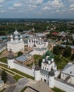 Aerial summer view of white old monastery with silver domes in Rostov the Great city. Russia Royalty Free Stock Photo