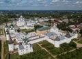 Aerial summer view of white old monastery with silver domes in Rostov the Great city. Russia Royalty Free Stock Photo