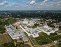 Aerial summer view of white old monastery with silver domes in Rostov the Great city. Russia Royalty Free Stock Photo