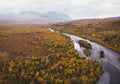 Aerial sunny fall autumn view of Abisko National Park, Kiruna Municipality, Lapland, Norrbotten County, Sweden, shot from drone, Royalty Free Stock Photo