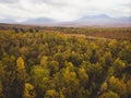 Aerial sunny fall autumn view of Abisko National Park, Kiruna Municipality, Lapland, Norrbotten County, Sweden, shot from drone, Royalty Free Stock Photo