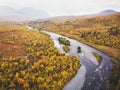 Aerial sunny fall autumn view of Abisko National Park, Kiruna Municipality, Lapland, Norrbotten County, Sweden, shot from drone, Royalty Free Stock Photo