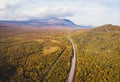 Aerial sunny fall autumn view of Abisko National Park, Kiruna Municipality, Lapland, Norrbotten County, Sweden, shot from drone, Royalty Free Stock Photo