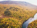 Aerial sunny fall autumn view of Abisko National Park, Kiruna Municipality, Lapland, Norrbotten County, Sweden, shot from drone, Royalty Free Stock Photo