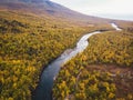 Aerial sunny fall autumn view of Abisko National Park, Kiruna Municipality, Lapland, Norrbotten County, Sweden, shot from drone, Royalty Free Stock Photo