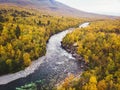 Aerial sunny fall autumn view of Abisko National Park, Kiruna Municipality, Lapland, Norrbotten County, Sweden, shot from drone, Royalty Free Stock Photo