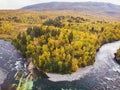 Aerial sunny fall autumn view of Abisko National Park, Kiruna Municipality, Lapland, Norrbotten County, Sweden, shot from drone, Royalty Free Stock Photo